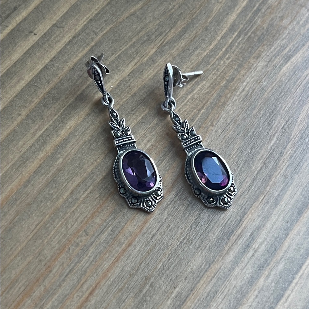 Vintage 925 Sterling Silver Amethyst & Marcasite Ornate Drop Earrings